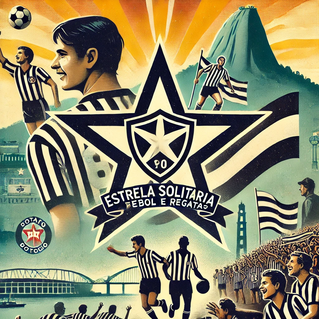 Emblema Estrela Solitária do Botafogo com jogadores históricos e torcida apaixonada no Estádio General Severiano.