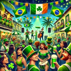 Festa de Dia de São Patrício no Brasil com cultura irlandesa e brasileira misturadas