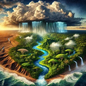 A imagem representa o ciclo da chuva no Brasil, destacando como a umidade da floresta Amazônica influencia as chuvas e como a falta de precipitação afeta o Nordeste. Elementos visuais incluem nuvens carregadas, rios, vegetação densa e paisagens áridas, refletindo a importância da chuva para o clima e o meio ambiente brasileiro.