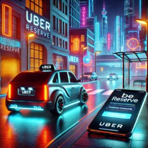 Uber Reserve em ação: Carro aguardando passageiro em uma cidade futurista iluminada por neon, com um smartphone exibindo detalhes da corrida agendada.