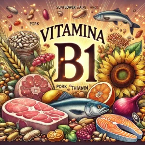 Ilustração vibrante mostrando alimentos ricos em Vitamina B1 (Tiamina), incluindo carne de porco, sementes de girassol, grãos integrais, feijão e salmão, com destaque para o texto 'Vitamina B1