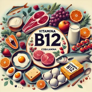 Imagem vibrante apresentando fontes naturais de Vitamina B12 (Cobalamina), essencial para energia, sistema nervoso e formação de glóbulos vermelhos, com um design moderno e chamativo