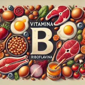 Ilustração vibrante destacando alimentos ricos em Vitamina B2 (Riboflavina), como leite, ovos, carne vermelha, amêndoas e cogumelos, com o texto 'Vitamina B2' em destaque