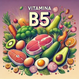 Ilustração de alimentos ricos em Vitamina B5 (Ácido Pantotênico), como carne de frango, ovos, abacate, cogumelos e batata-doce, com o texto 'Vitamina B5' em destaque.