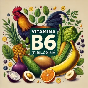 Imagem vibrante mostrando fontes naturais de Vitamina B6 (Piridoxina), essencial para o metabolismo, sistema nervoso e saúde imunológica, com um design moderno e chamativo