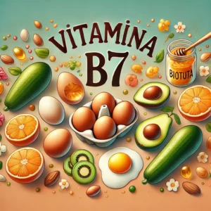 Ilustração de alimentos ricos em Vitamina B7 (Biotina), como ovos, nozes, amêndoas, abacate e cenoura, com o texto 'Vitamina B7' em destaque.