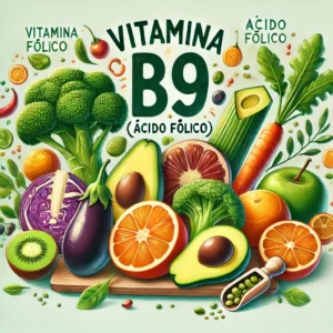 Imagem vibrante apresentando fontes naturais de Vitamina B9 (Ácido Fólico), essencial para a saúde celular, gravidez e sistema nervoso, com um design moderno e chamativo.