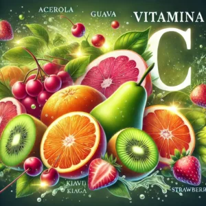 Ilustração vibrante de frutas ricas em Vitamina C, incluindo acerola, goiaba, kiwi, laranja e morango, com destaque para o texto 'Vitamina C