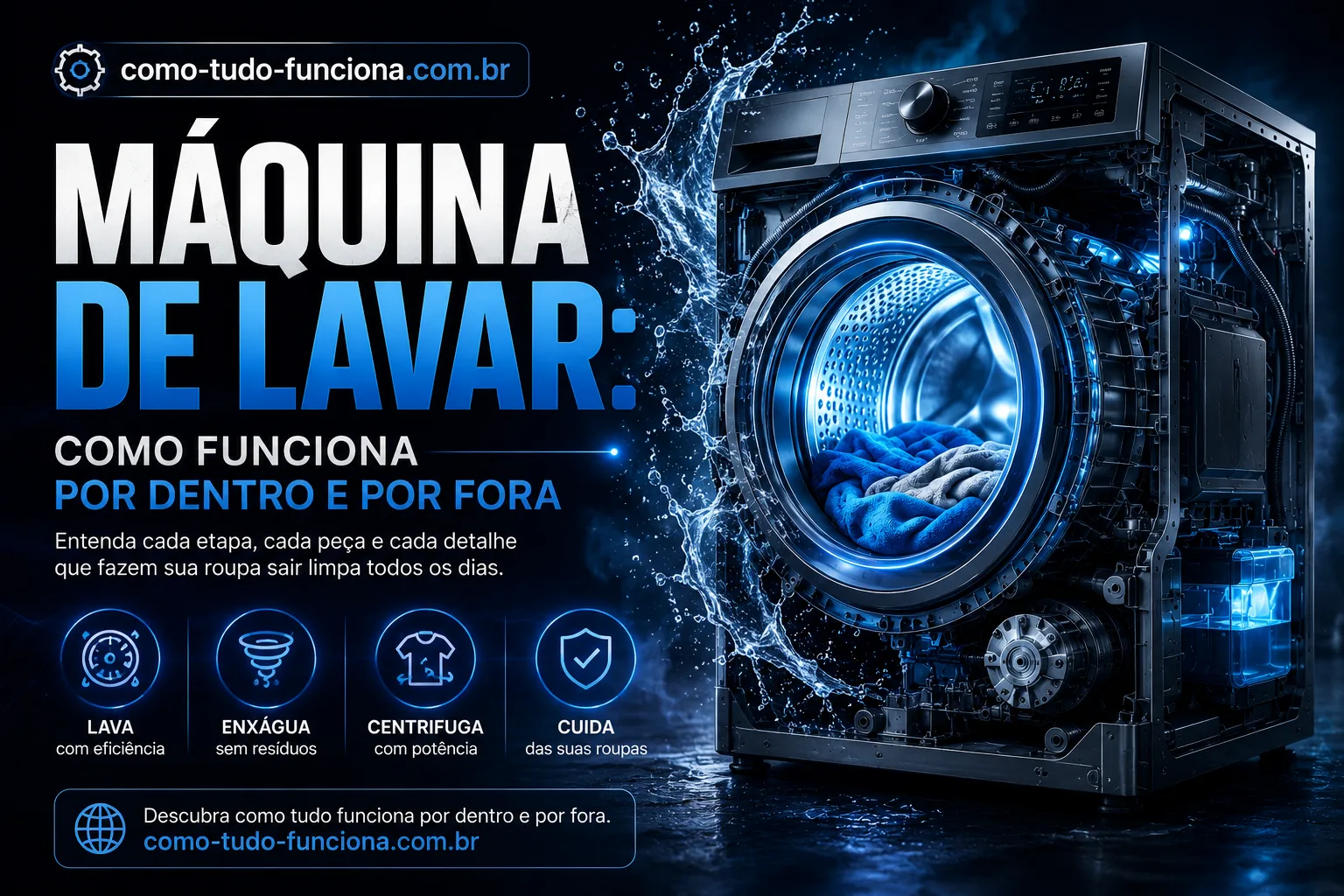 Máquina de Lavar: Como Funciona Por Dentro e Por Fora — como-tudo-funciona.com.br Máquina de lavar moderna com tambor aberto mostrando roupas no interior, ilustrando como funciona a máquina de lavar por dentro