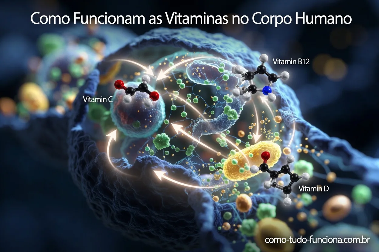Como Funcionam as Vitaminas no Corpo Humano Representacao molecular de vitaminas atravessando a membrana celular, ilustrando como as vitaminas funcionam no organismo humano