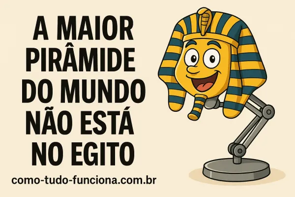 Mascote lâmpada vestida de faraó ao lado do título A maior pirâmide do mundo não está no Egito