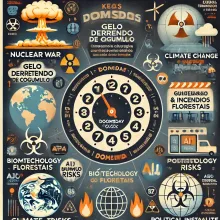 Infográfico com um relógio no centro e ícones de riscos globais