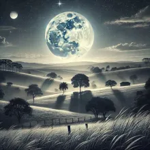 Lua cheia sobre um campo com árvores à noite