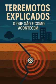 Ilustração das camadas do solo com ondas de um terremoto, título Terremotos explicados