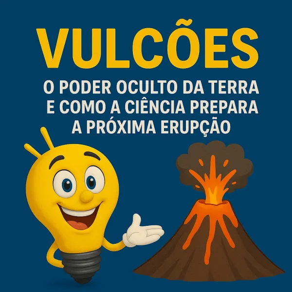 Mascote lâmpada apontando para um vulcão em erupção, com o título Vulcões