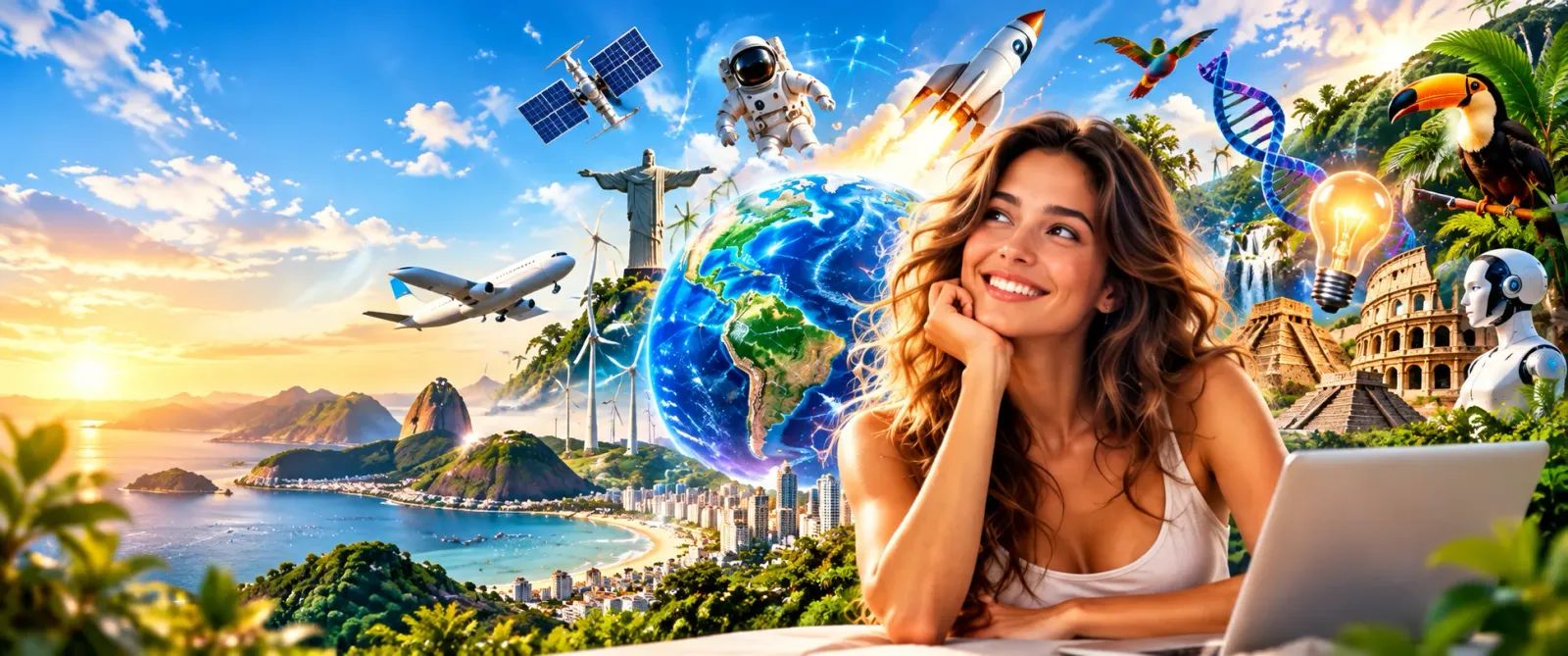 Mulher sorridente cercada por um globo, um foguete, um astronauta, o Cristo Redentor, um tucano e outros símbolos da ciência e do Brasil