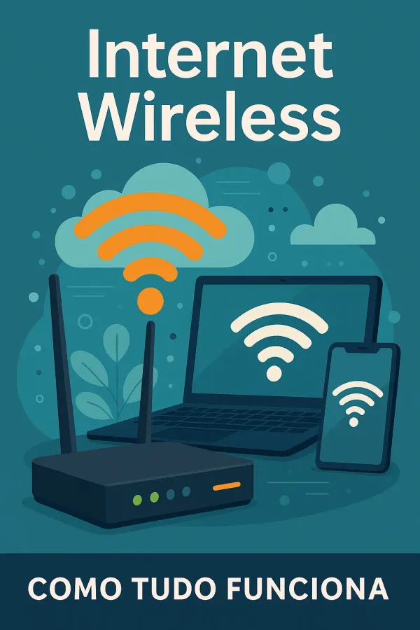 Ilustração de roteador, notebook e celular com o título Internet Wireless