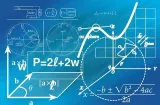Fórmulas e gráficos de matemática desenhados em um quadro azul