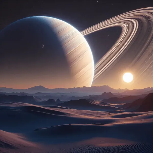 Saturno e seus anéis sobre uma paisagem ao pôr do sol