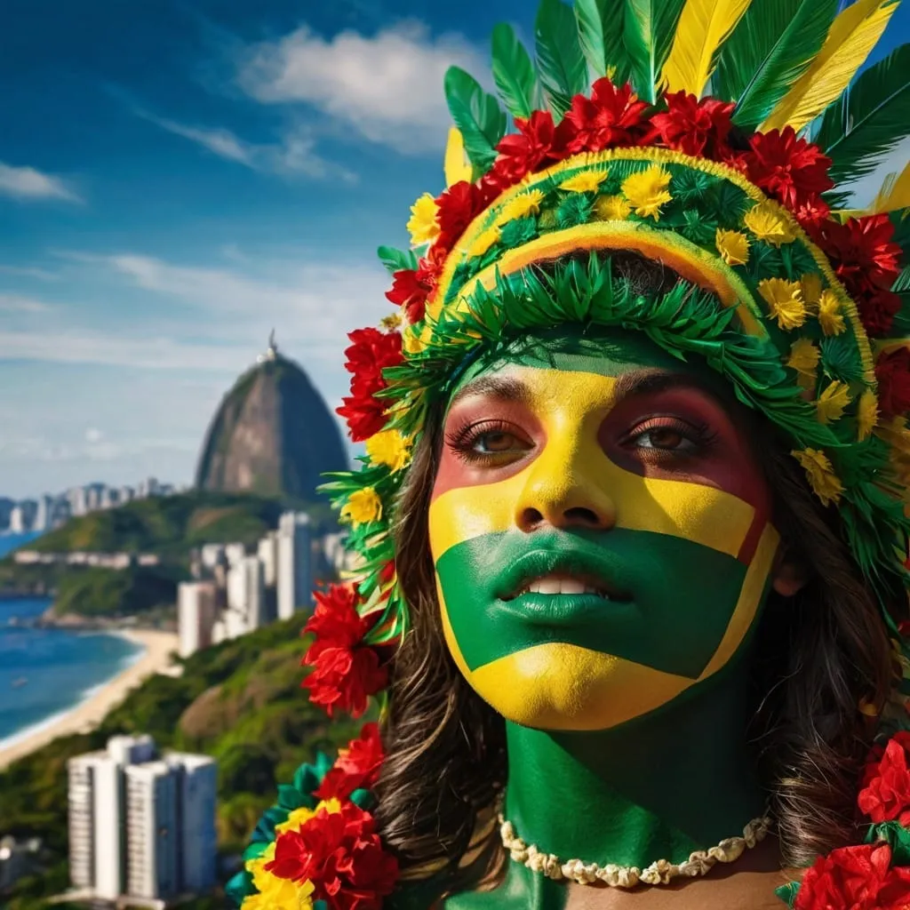 Rosto pintado de verde e amarelo com cocar de flores e o Pão de Açúcar ao fundo