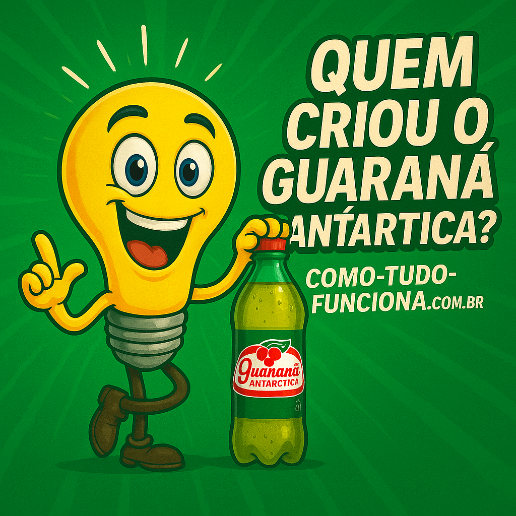 Mascote lâmpada segurando uma garrafa de Guaraná Antarctica, com o título Quem criou o Guaraná Antarctica?