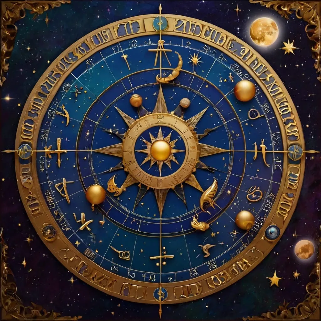 Roda astrológica azul e dourada com os símbolos dos planetas