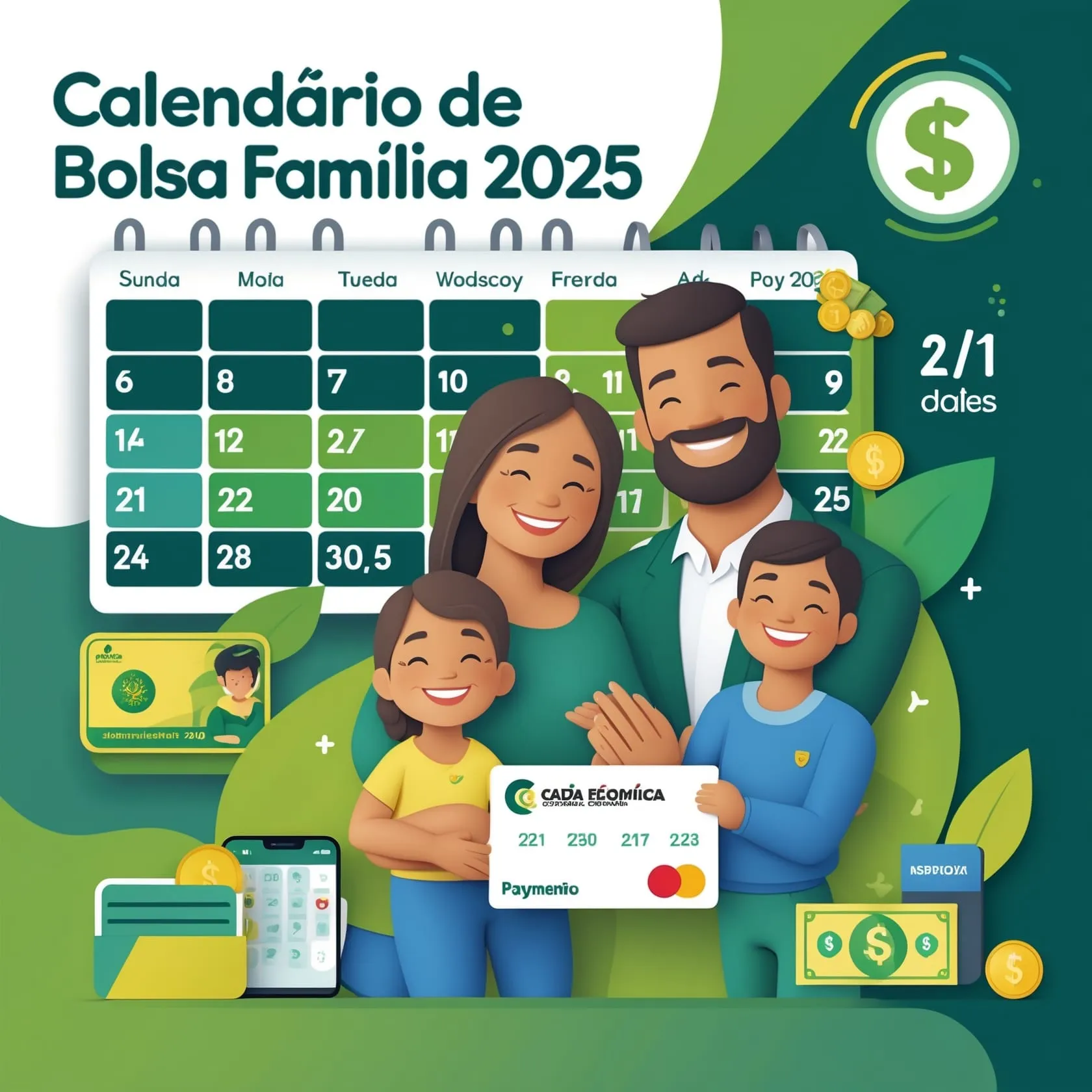 Família sorridente com um cartão ao lado de um calendário, com o título Calendário do Bolsa Família 2025