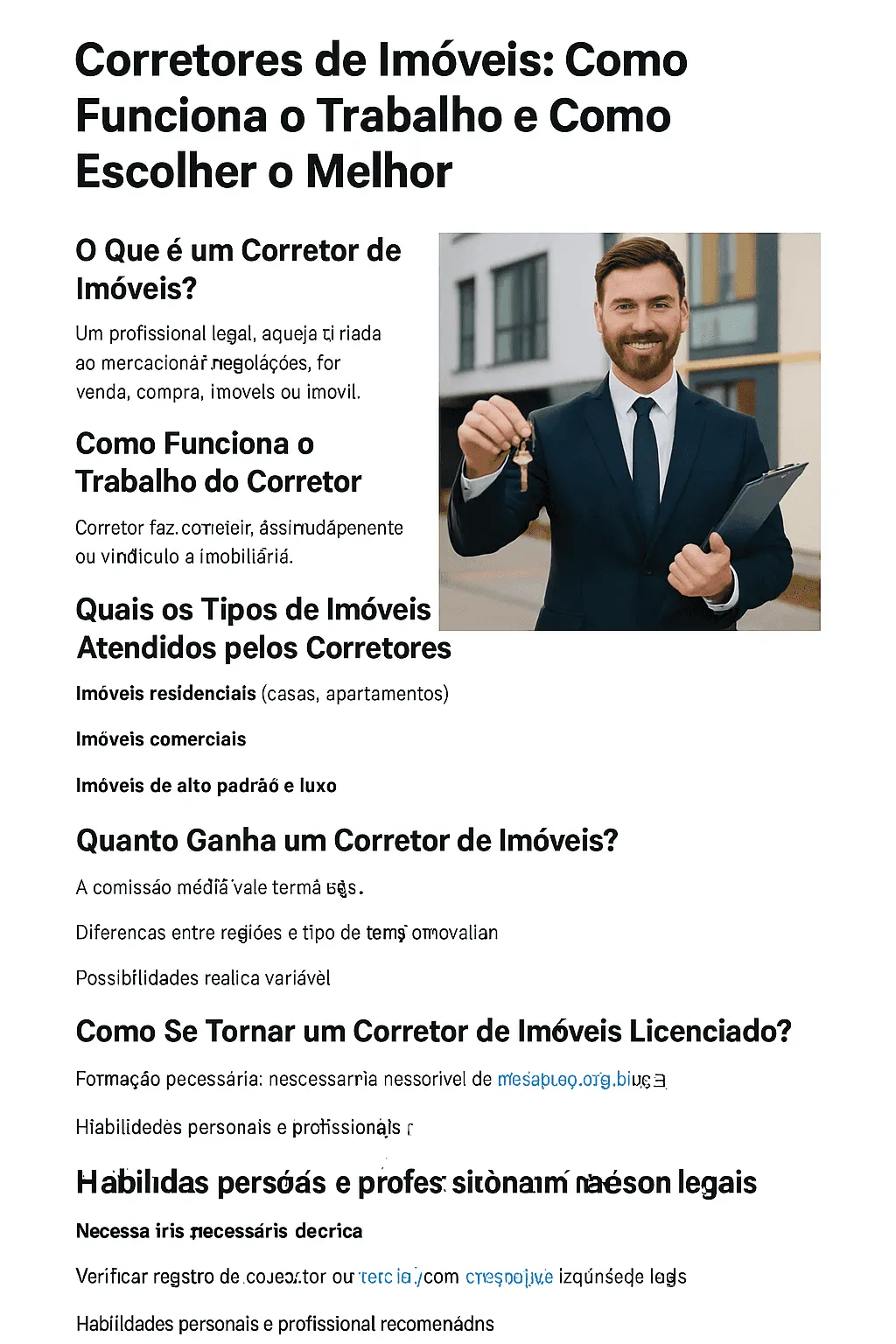 Página de texto sobre corretores de imóveis com a foto de um corretor de terno