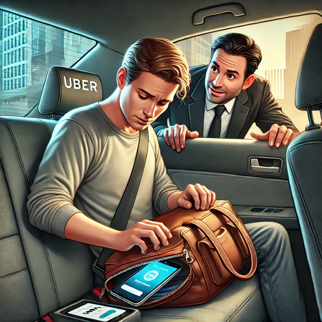 Passageiro procurando objetos em uma bolsa no banco de trás de um carro da Uber
