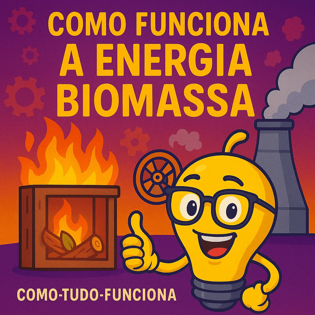 Mascote lâmpada ao lado de uma lareira e uma usina, com o título Como funciona a energia biomassa