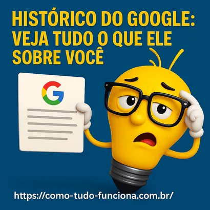 Mascote lâmpada preocupada segurando uma folha com o logotipo do Google, com o título Histórico do Google