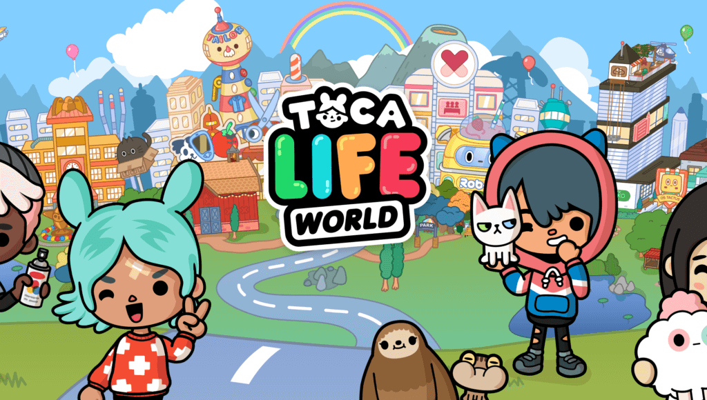 Personagens de desenho animado com o logotipo do jogo Toca Life World