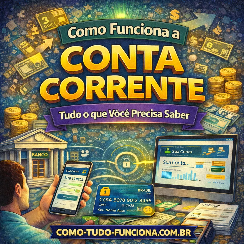 Ilustração de uma pessoa usando o celular diante de um banco, com o título Como funciona a conta corrente