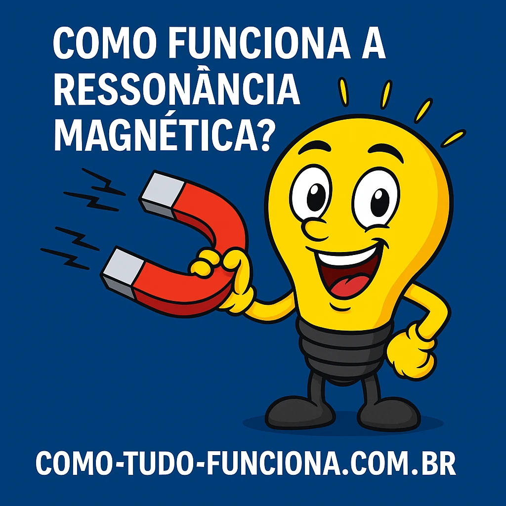 Mascote lâmpada segurando um ímã, com o título Como funciona a ressonância magnética?