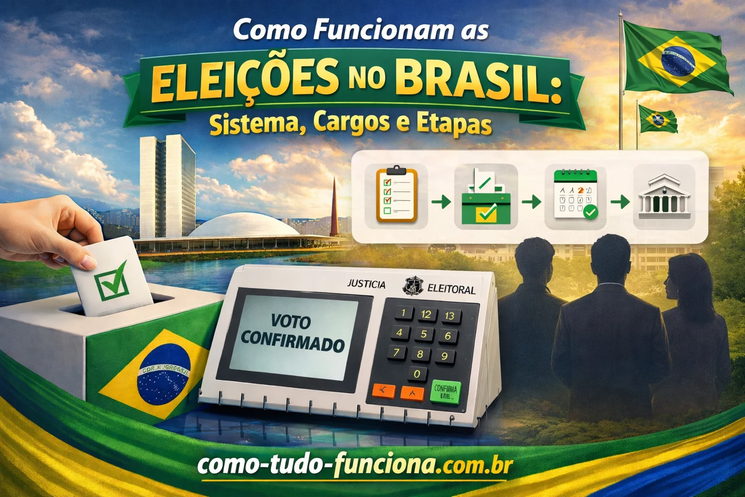 Urna eletrônica brasileira em destaque com a bandeira nacional ao fundo, simbolizando a democracia.