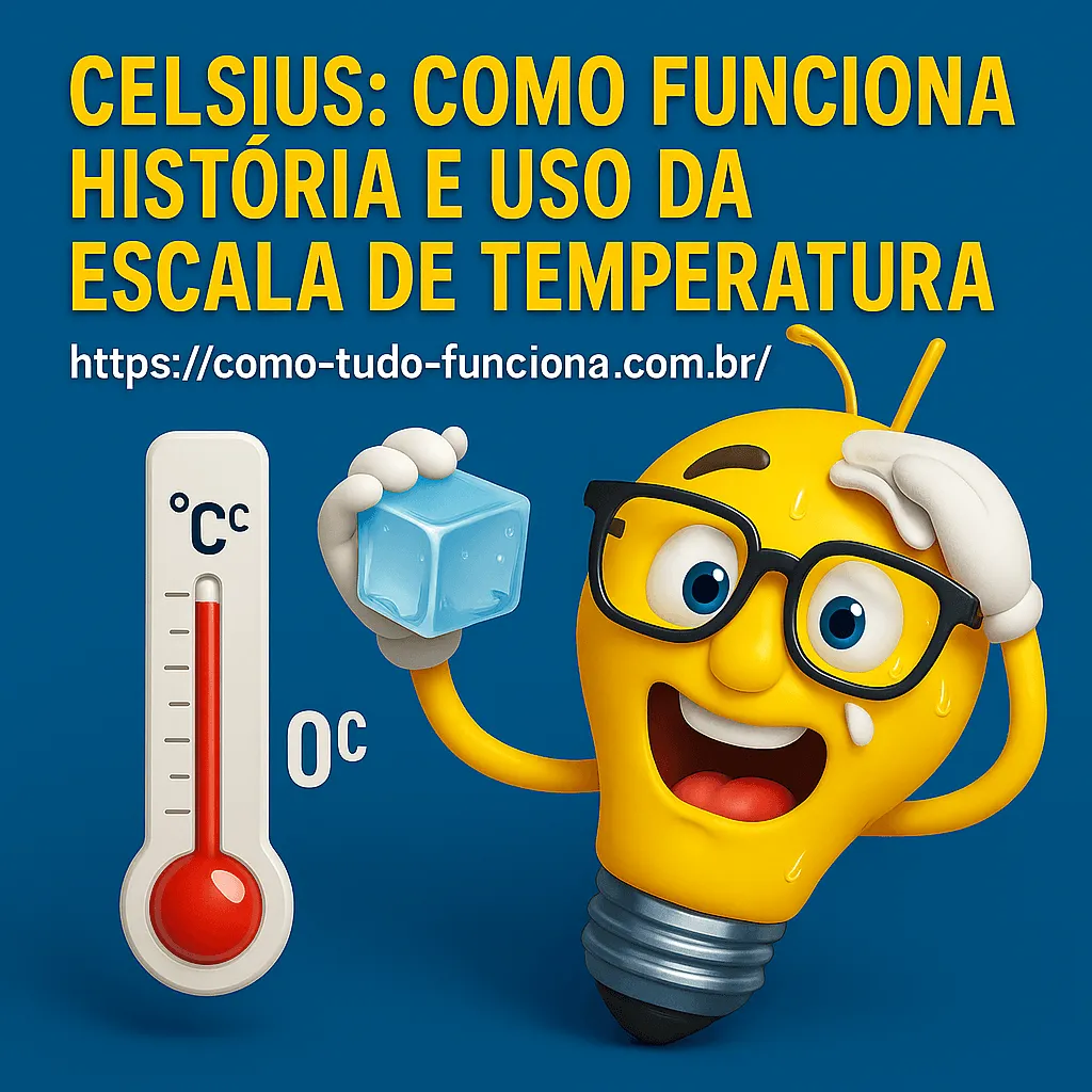 Mascote lâmpada ao lado de um termômetro e um cubo de gelo, com o título Celsius: como funciona