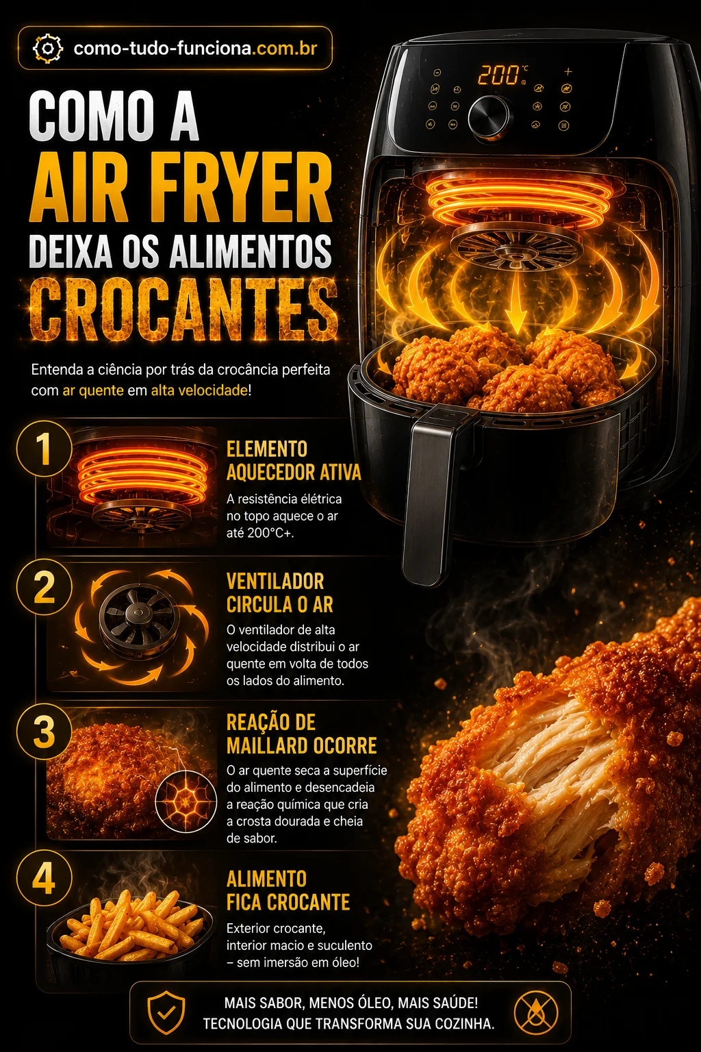 Infográfico explicando como a air fryer deixa os alimentos crocantes em 4 etapas: elemento aquecedor ativa, ventilador circula o ar, reação de Maillard ocorre e alimento fica crocante