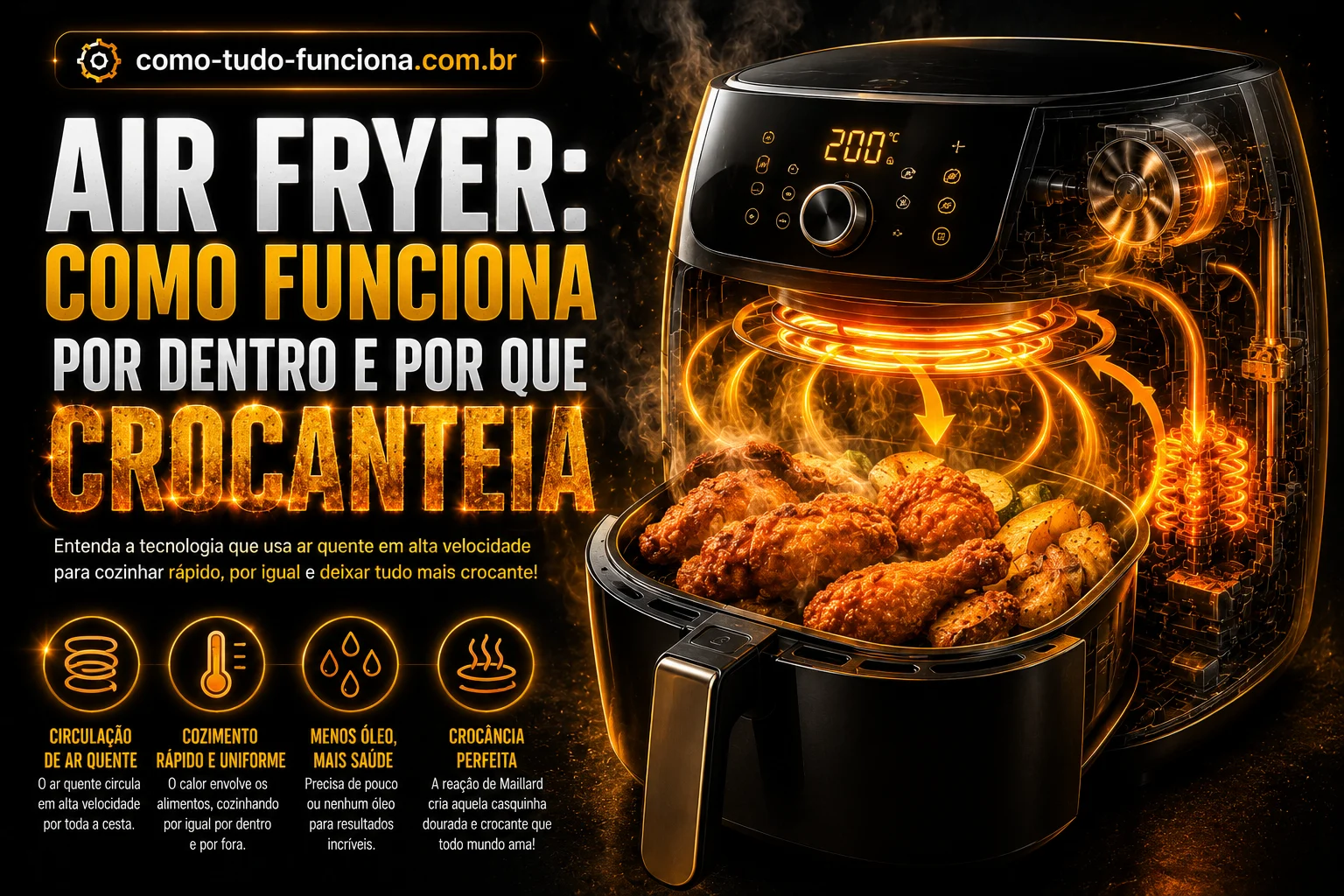 Air fryer aberta com frango empanado dourado, com o título Air fryer: como funciona por dentro e por que crocanteia