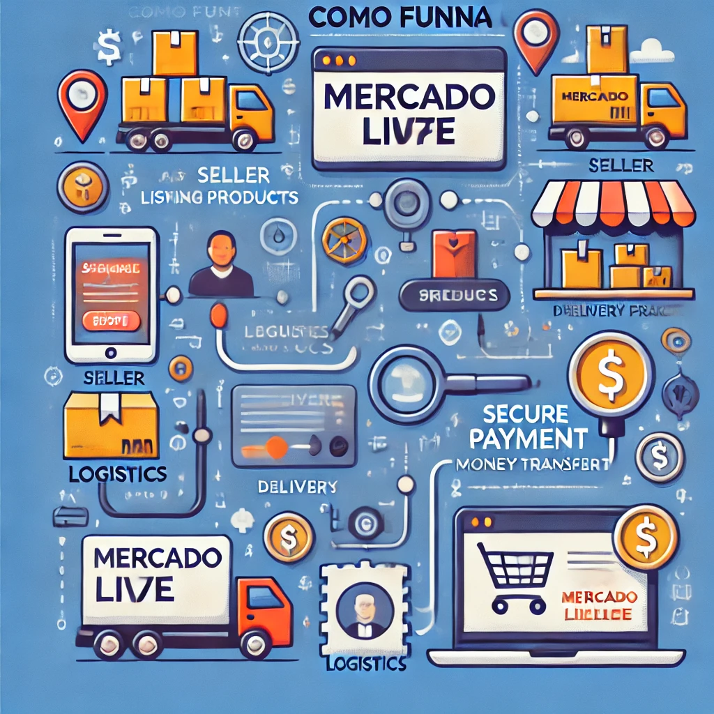 Infográfico sobre o funcionamento do Mercado Livre, com vendedores, entrega e pagamento
