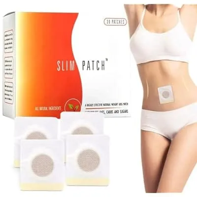 Embalagem de Slim Patch com adesivos e uma mulher com um adesivo na barriga