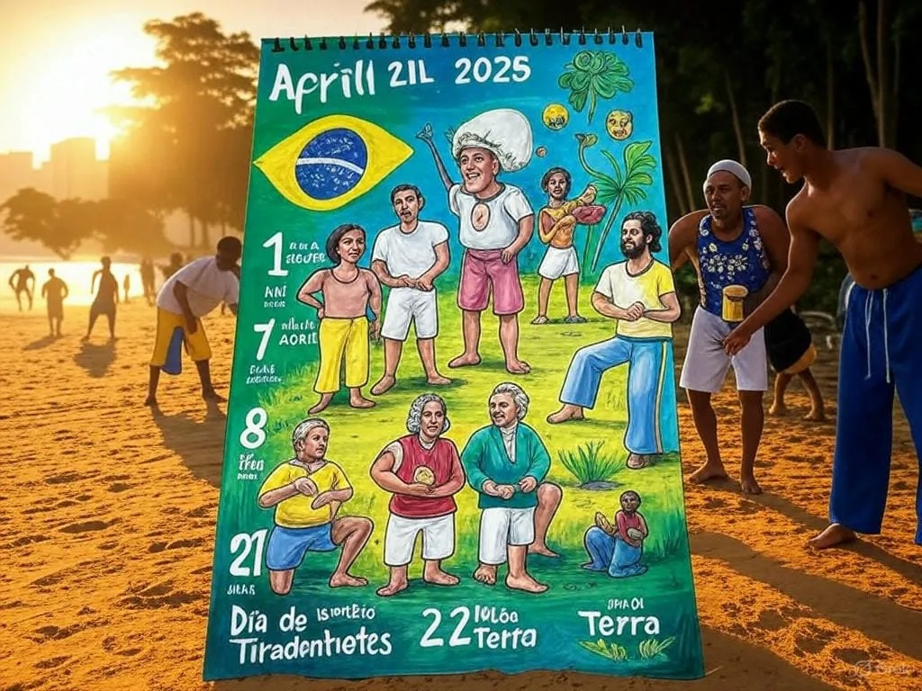 Calendário de abril de 2025 com a bandeira do Brasil, o Dia de Tiradentes e o Dia da Terra