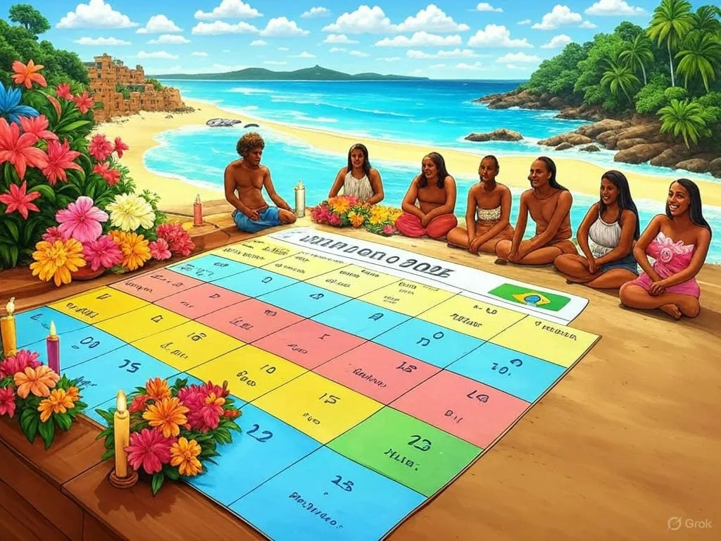 Ilustração de pessoas sentadas na praia diante de um calendário colorido