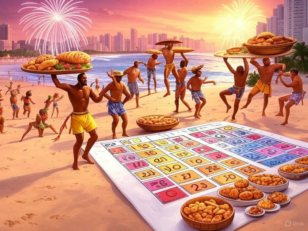 Ilustração de uma festa na praia com fogos de artifício e um calendário no chão