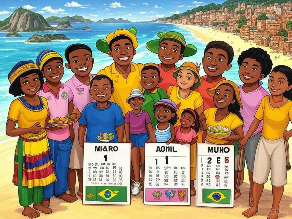 Ilustração de pessoas sorridentes na praia segurando calendários de março, abril e maio