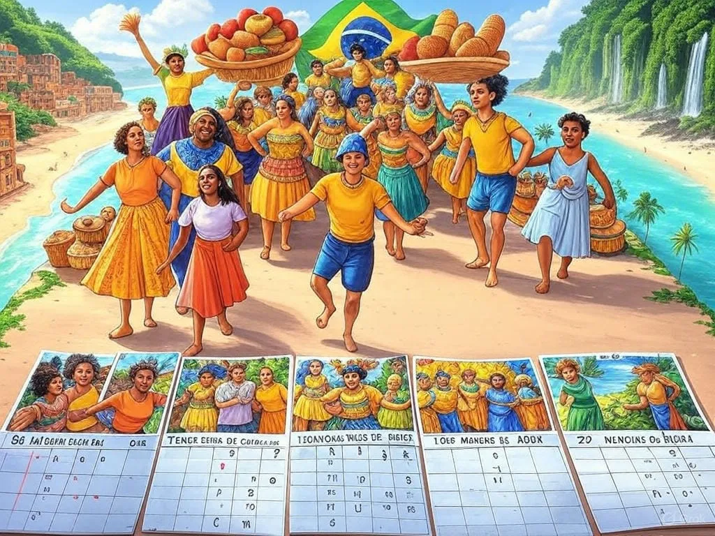 Ilustração de pessoas dançando na praia com bandeiras do Brasil e um calendário