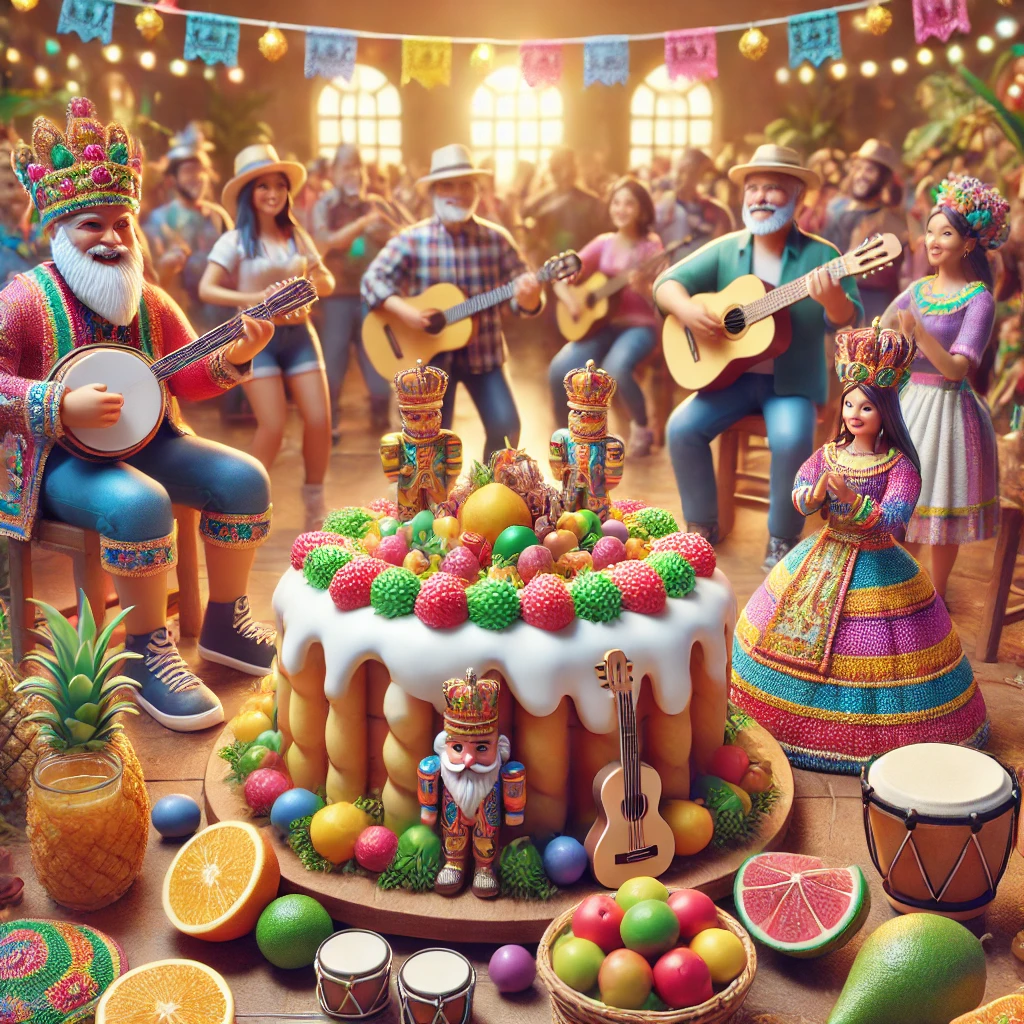 Festa com músicos, pessoas fantasiadas e um bolo decorado com frutas