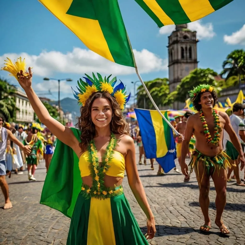 Mulher fantasiada de verde e amarelo com bandeiras do Brasil em um desfile de rua