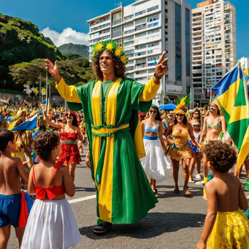 Desfile de rua com pessoas fantasiadas de verde e amarelo em frente a prédios