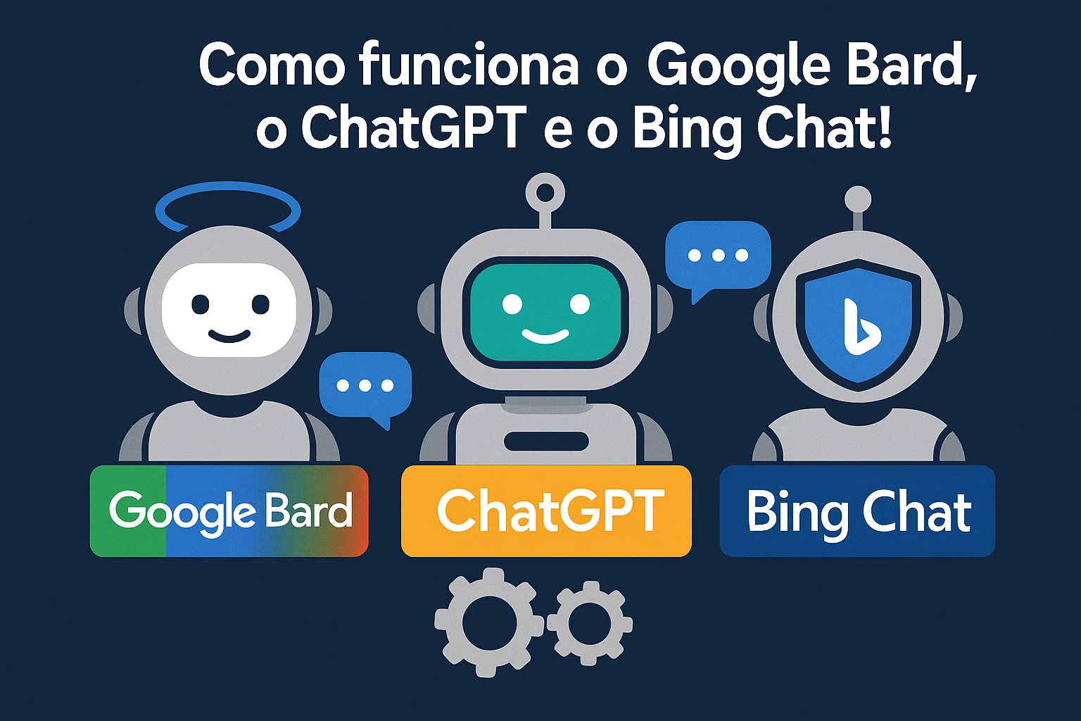 Três robôs representando Google Bard, ChatGPT e Bing Chat, com o título Como funciona o Google Bard, o ChatGPT e o Bing Chat