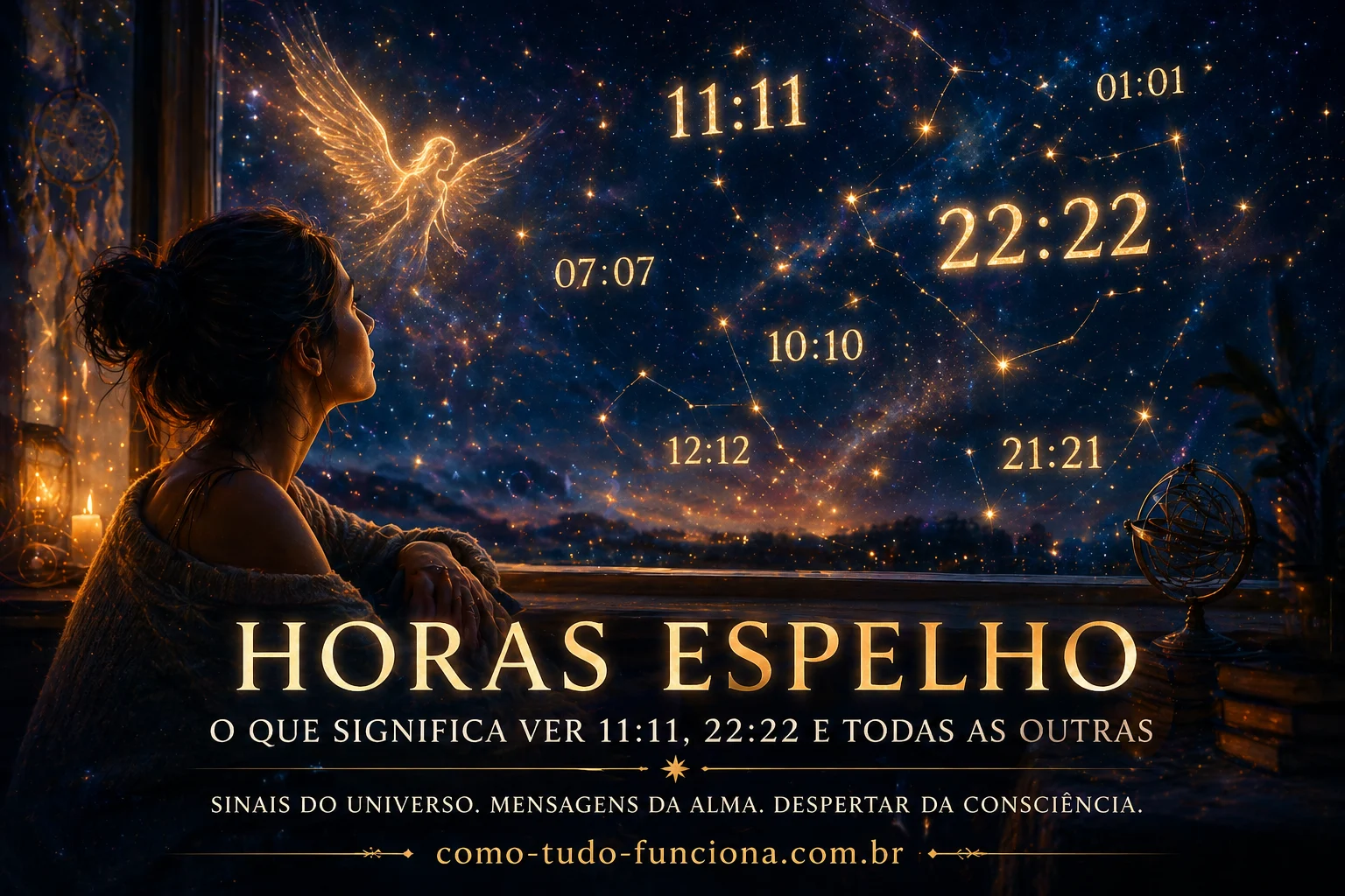 Mulher olhando para um céu com horários como 11:11 e 22:22, com o título Horas espelho
